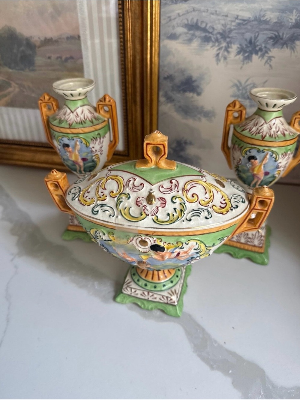 French Hand-Painted Decorative Porcelain Tureen and Vases Set in Green and Gold
